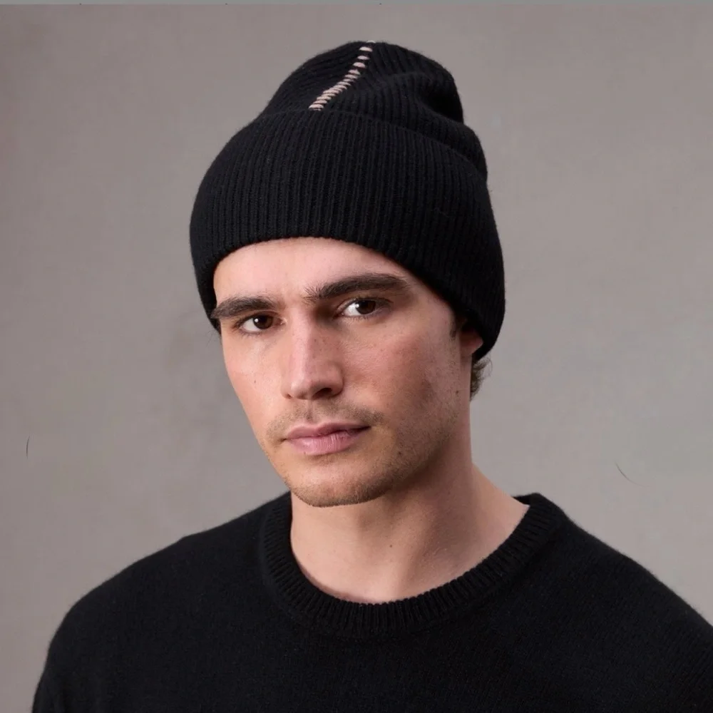 Rag & Bone Clarkson Black Wool Knit Beanie Hat with Stitching Detail Unisex NWT